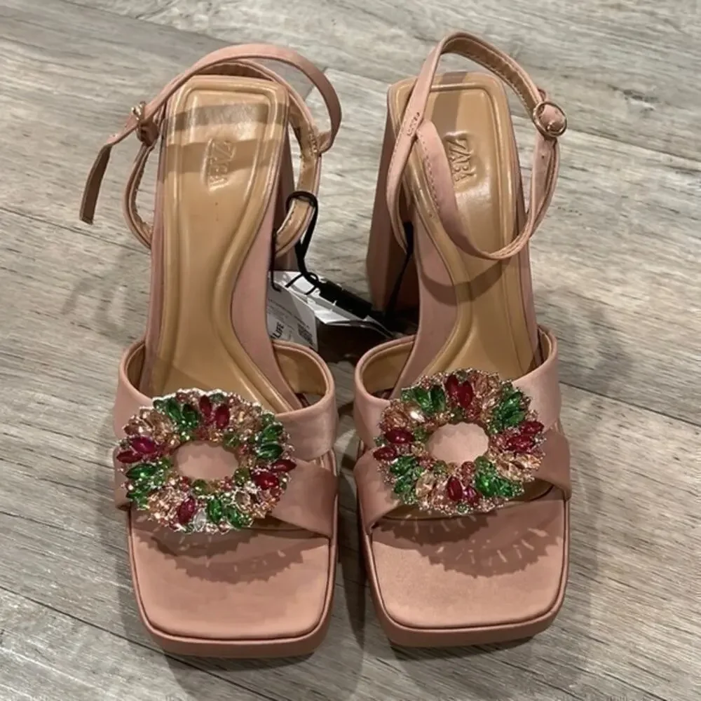 ZARA Nude Platform Block Heel Sandals Rhinestone Jewel Buckle NWT Size 8